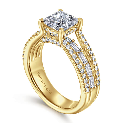 14K Yellow Gold Three Row Princess Cut Diamond Engagement Ring 14K Yellow Gold Three Row Princess Cut Diamond Engagement Ring