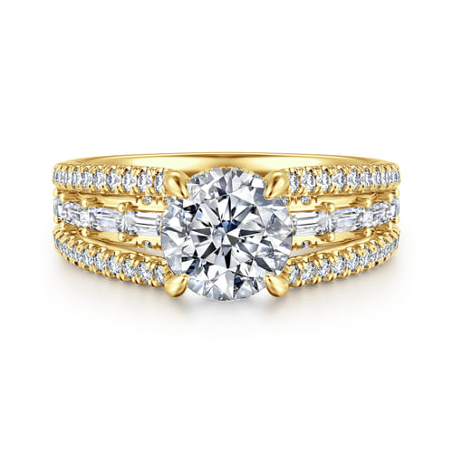 14K Yellow Gold Three Row Round Diamond Engagement Ring