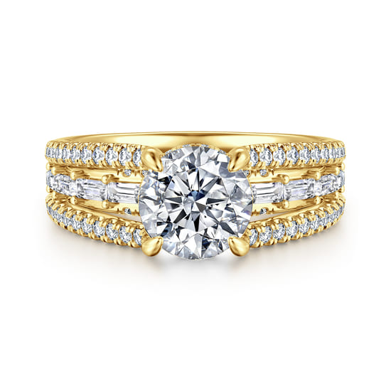 Gabriel - 14K Yellow Gold Three Row Round Diamond Engagement Ring