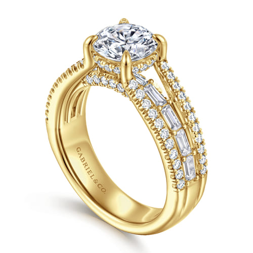 14K Yellow Gold Three Row Round Diamond Engagement Ring