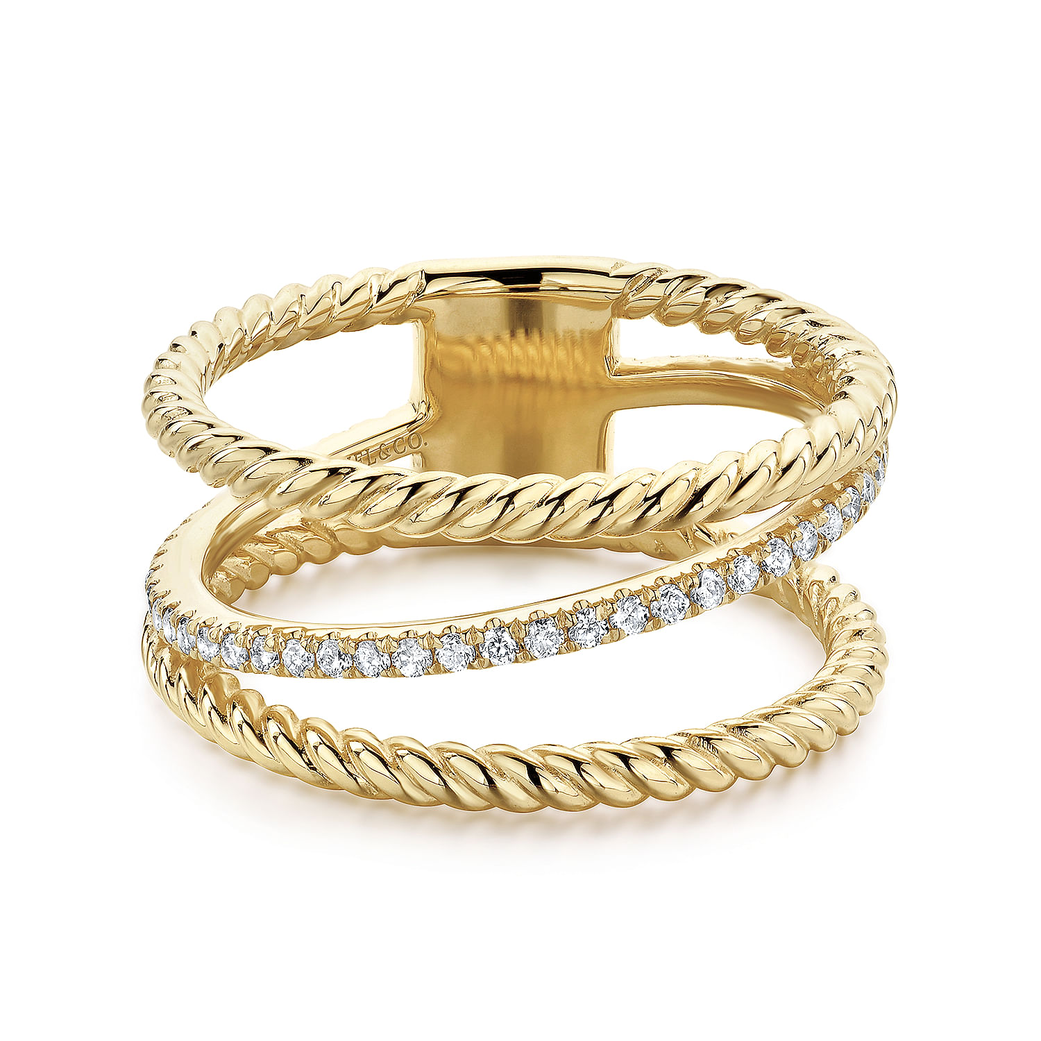 14K Yellow Gold Three Row Twisted Rope and Diamond Band Open Ring
