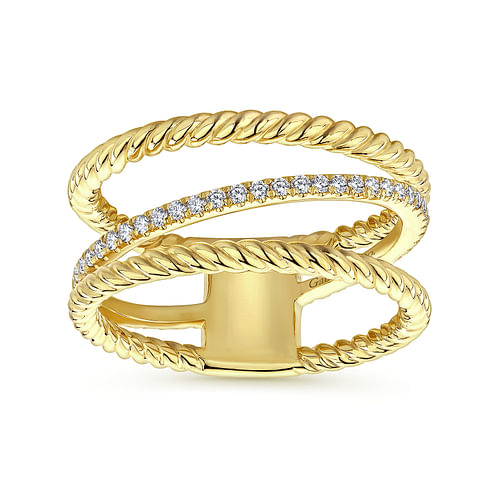 14K Yellow Gold Three Row Twisted Rope and Diamond Band Open Ring