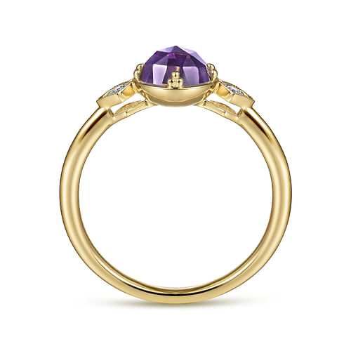 14K Yellow Gold Three Stone Amethyst and Diamond Ring