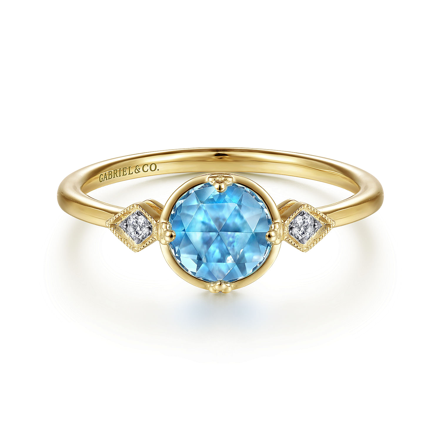 Gabriel - 14K Yellow Gold Three Stone Blue Topaz and Diamond Ring