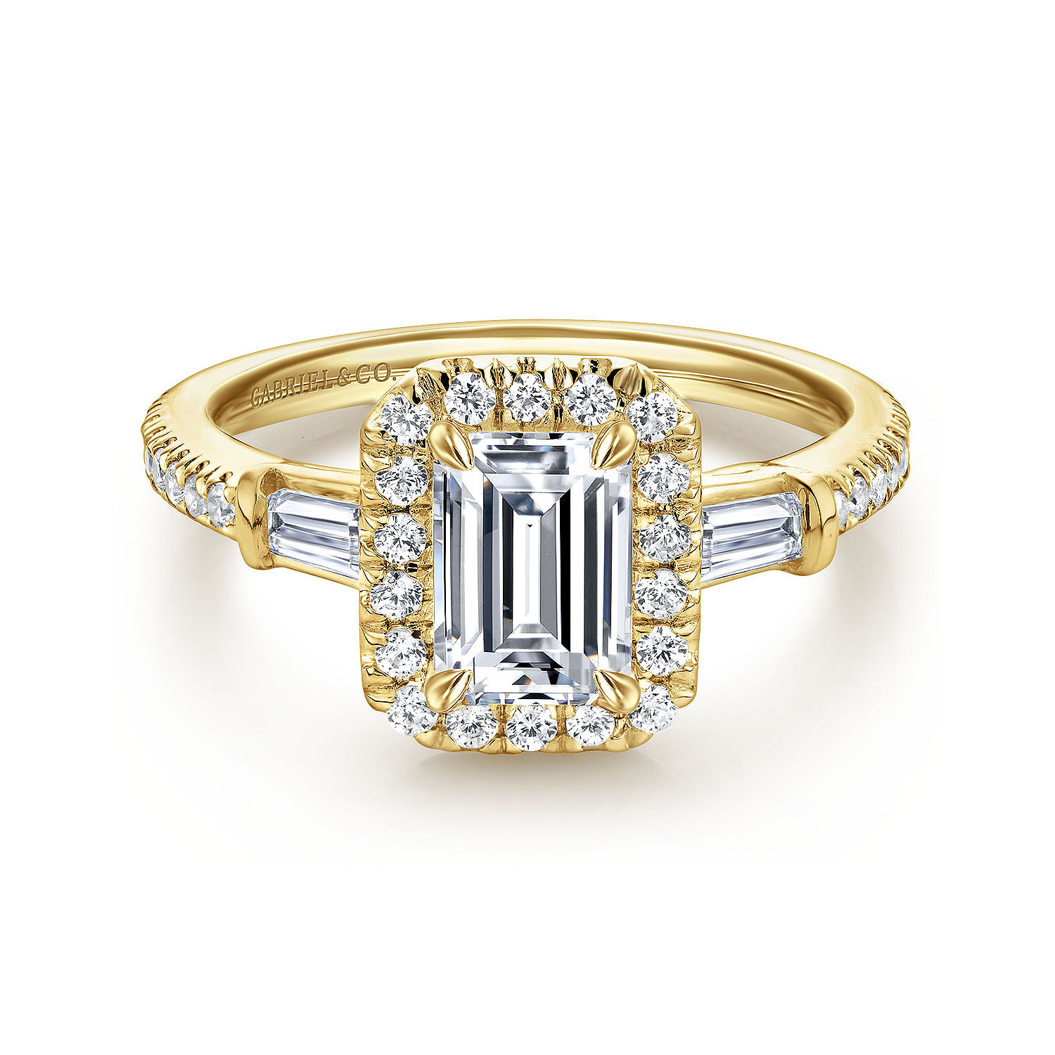14K Yellow Gold Three Stone Halo Emerald Cut Diamond Channel Set Engagement Ring