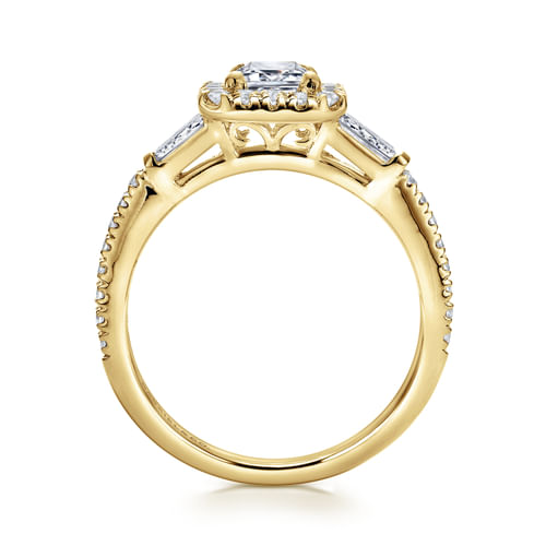 14K Yellow Gold Three Stone Halo Emerald Cut Diamond Channel Set Engagement Ring