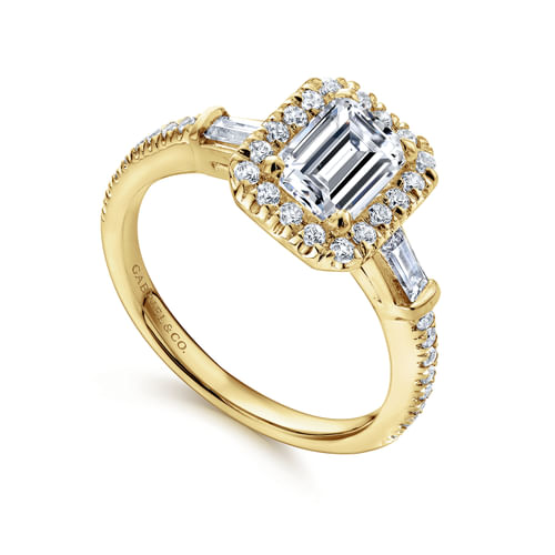 14K Yellow Gold Three Stone Halo Emerald Cut Diamond Channel Set Engagement Ring
