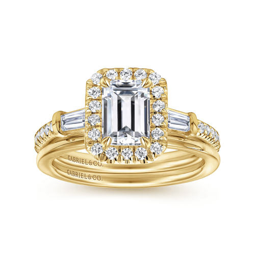 14K Yellow Gold Three Stone Halo Emerald Cut Diamond Channel Set Engagement Ring