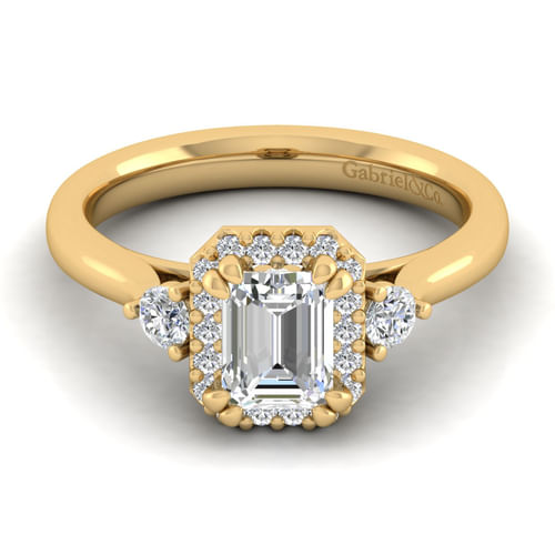 14K Yellow Gold Three Stone Halo Emerald Cut Diamond Engagement Ring