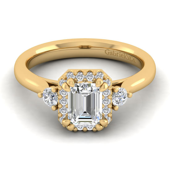 Gabriel - 14K Yellow Gold Three Stone Halo Emerald Cut Diamond Engagement Ring