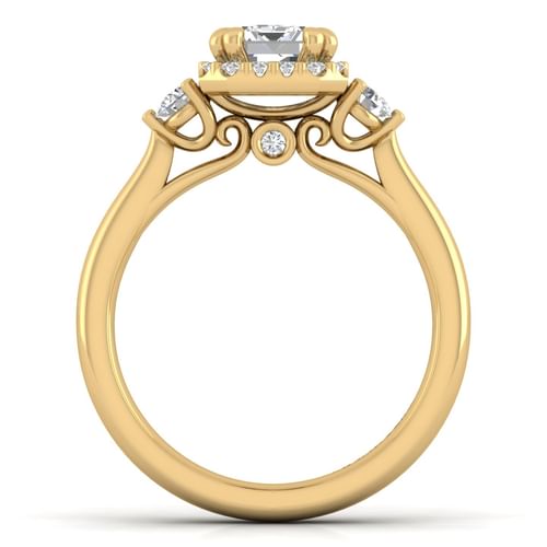 14K Yellow Gold Three Stone Halo Emerald Cut Diamond Engagement Ring