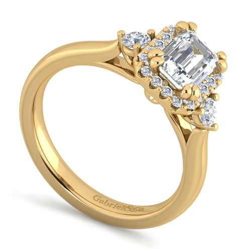 14K Yellow Gold Three Stone Halo Emerald Cut Diamond Engagement Ring