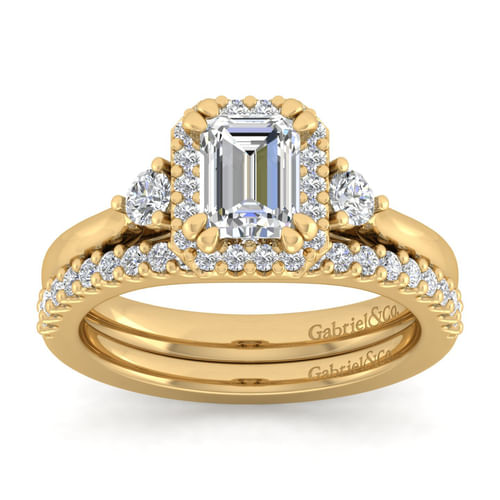 14K Yellow Gold Three Stone Halo Emerald Cut Diamond Engagement Ring