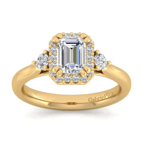 14K Yellow Gold Three Stone Halo Emerald Cut Diamond Engagement Ring