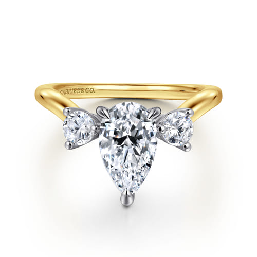 14K Yellow Gold Three Stone Pear Shaped Chevron Engagement Ring