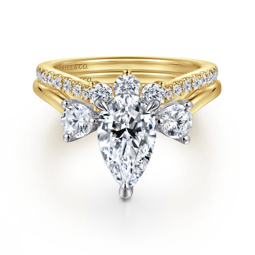 14K Yellow Gold Three Stone Pear Shaped Chevron Engagement Ring