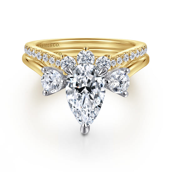 14K Yellow Gold Three Stone Pear Shaped Chevron Engagement Ring angle 4