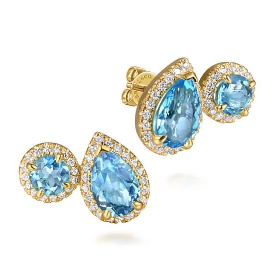Gabriel - 14K Yellow Gold Toi et Moi Blue Topaz and Diamond Halo Stud Earrings