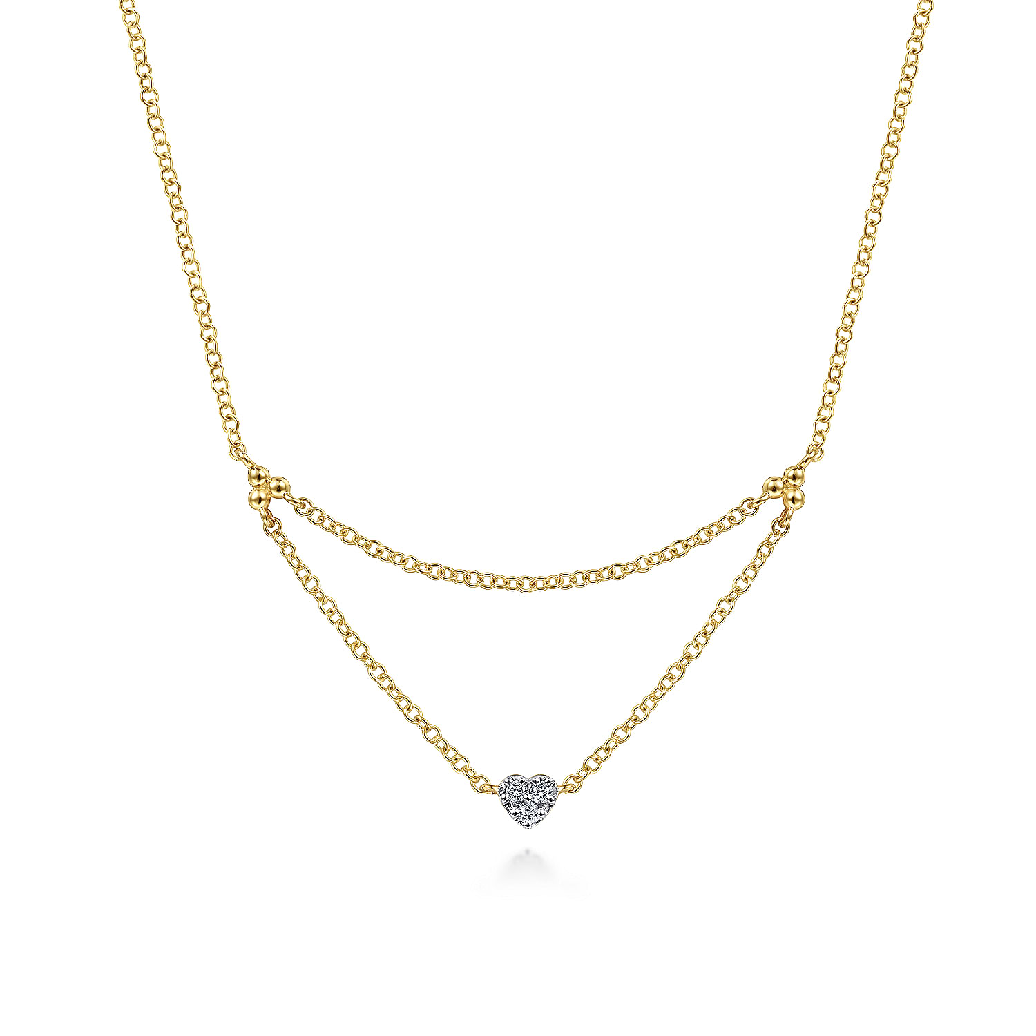 14K Yellow Gold Triangular Chain Necklace with Pavé Diamond Heart