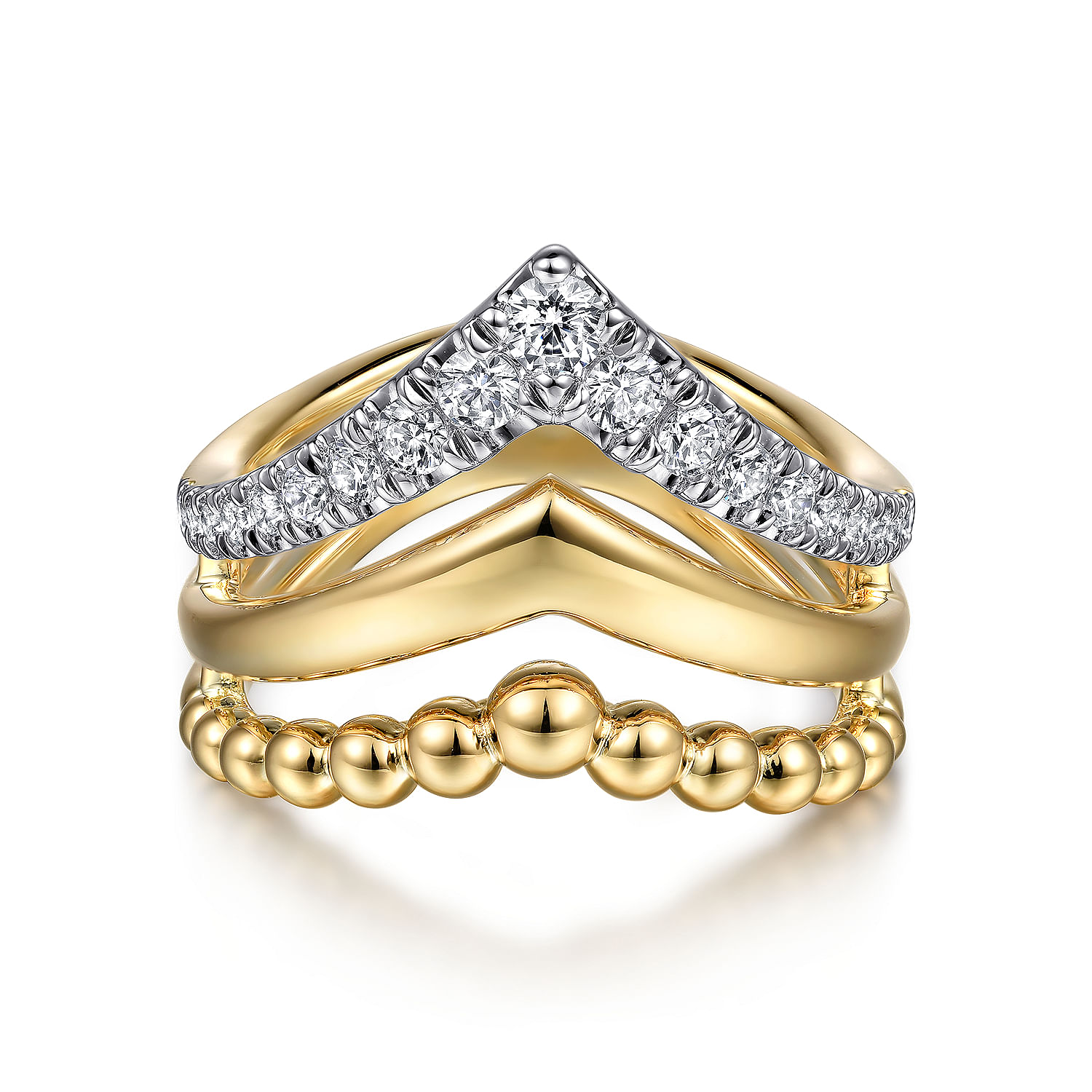 14K Yellow Gold Triple Row Bujukan Chevron Diamond Ring