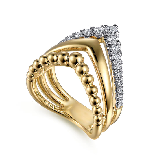 14K Yellow Gold Triple Row Bujukan Chevron Diamond Ring angle 3