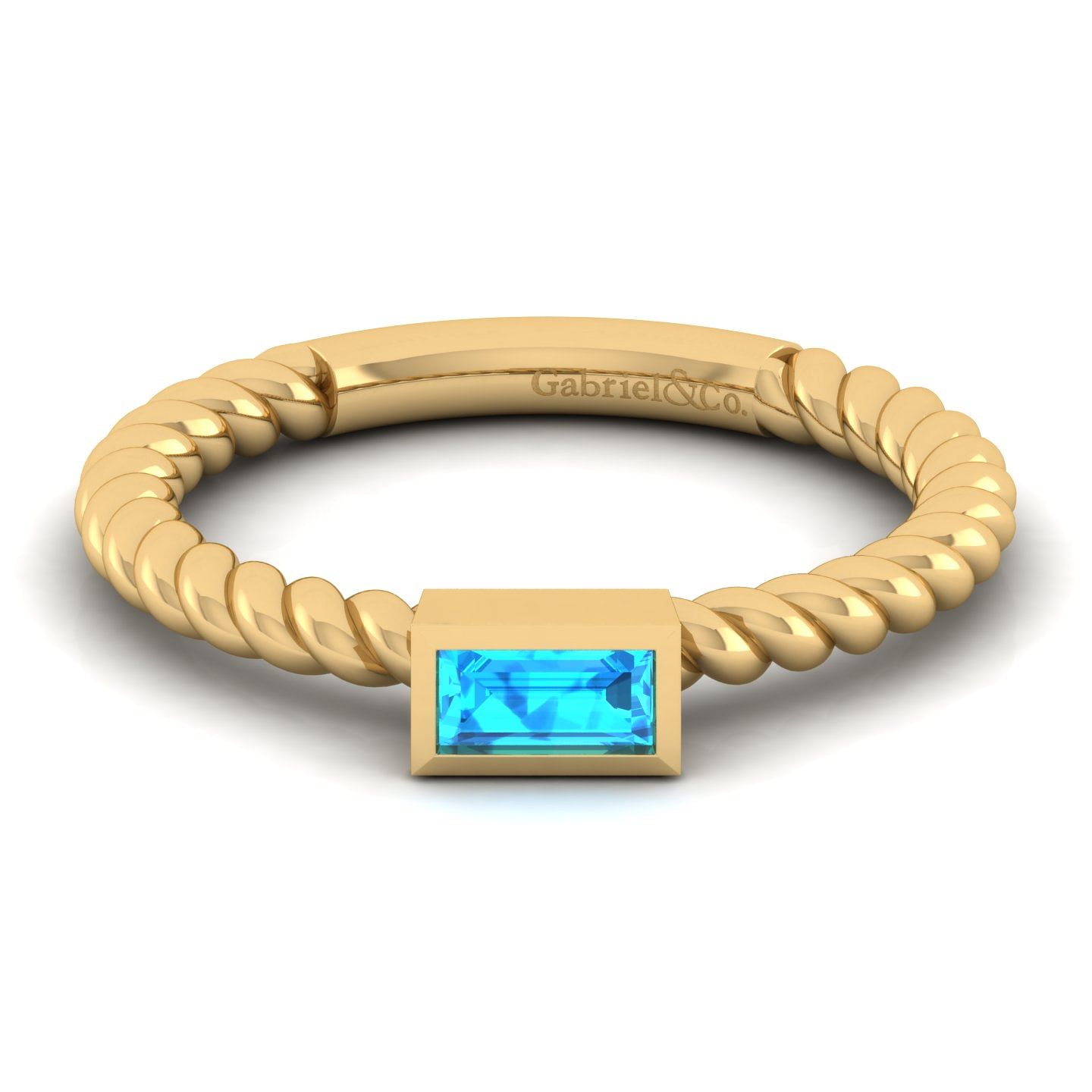 14K Yellow Gold Twisted Baguette Blue Topaz Ladies Ring