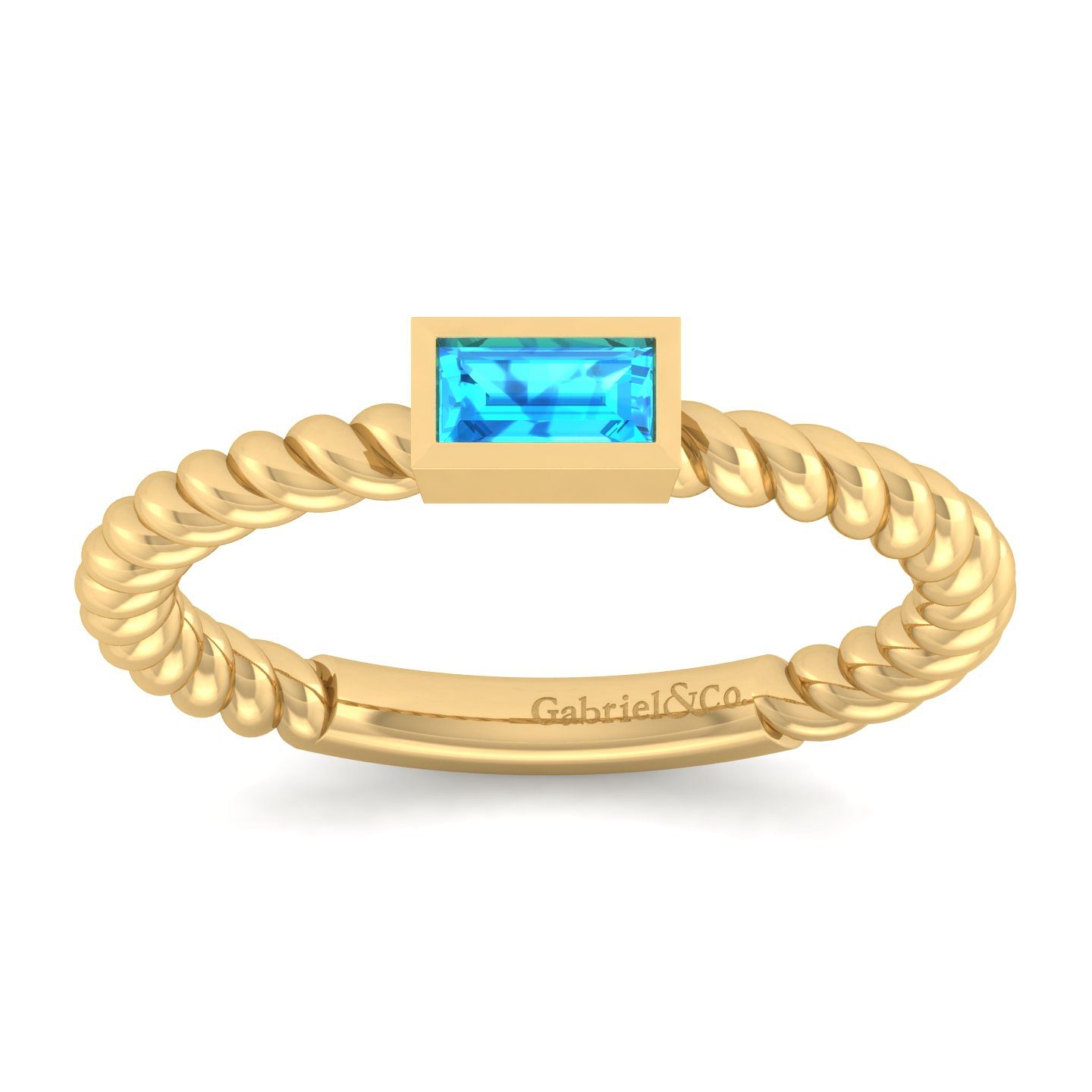 14K Yellow Gold Twisted Baguette Blue Topaz Ladies Ring