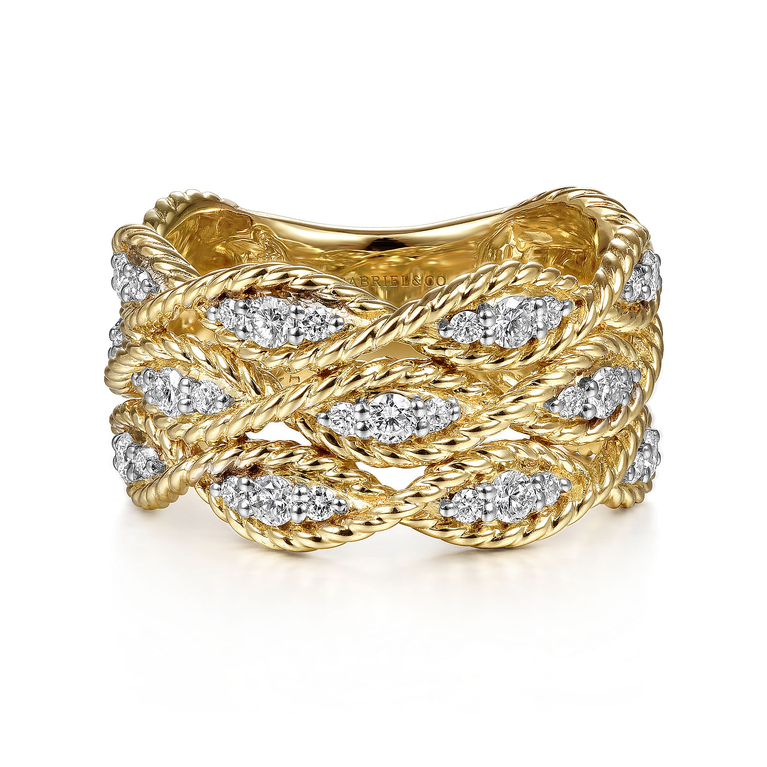 Gabriel - 14K Yellow Gold Twisted Braided Diamond Wide Band Ring