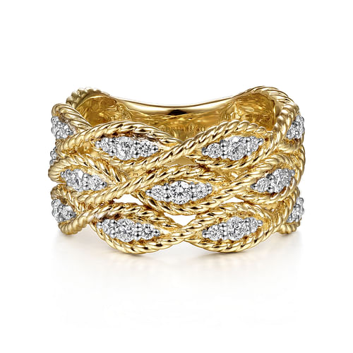 14K Yellow Gold Twisted Braided Diamond Wide Band Ring