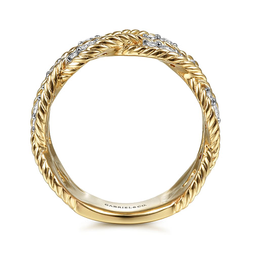 14K Yellow Gold Twisted Braided Diamond Wide Band Ring