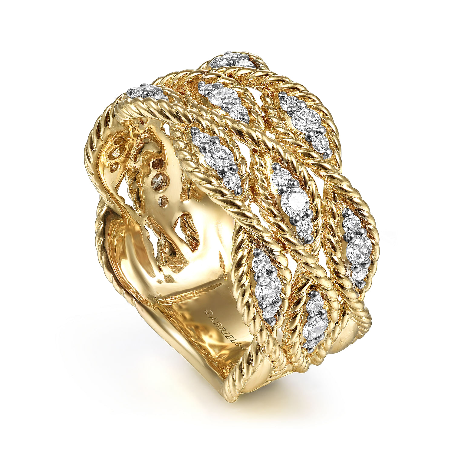 14K Yellow Gold Twisted Braided Diamond Wide Band Ring