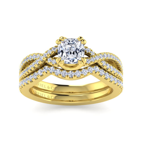 14K Yellow Gold Twisted Cushion Cut Diamond Engagement Ring