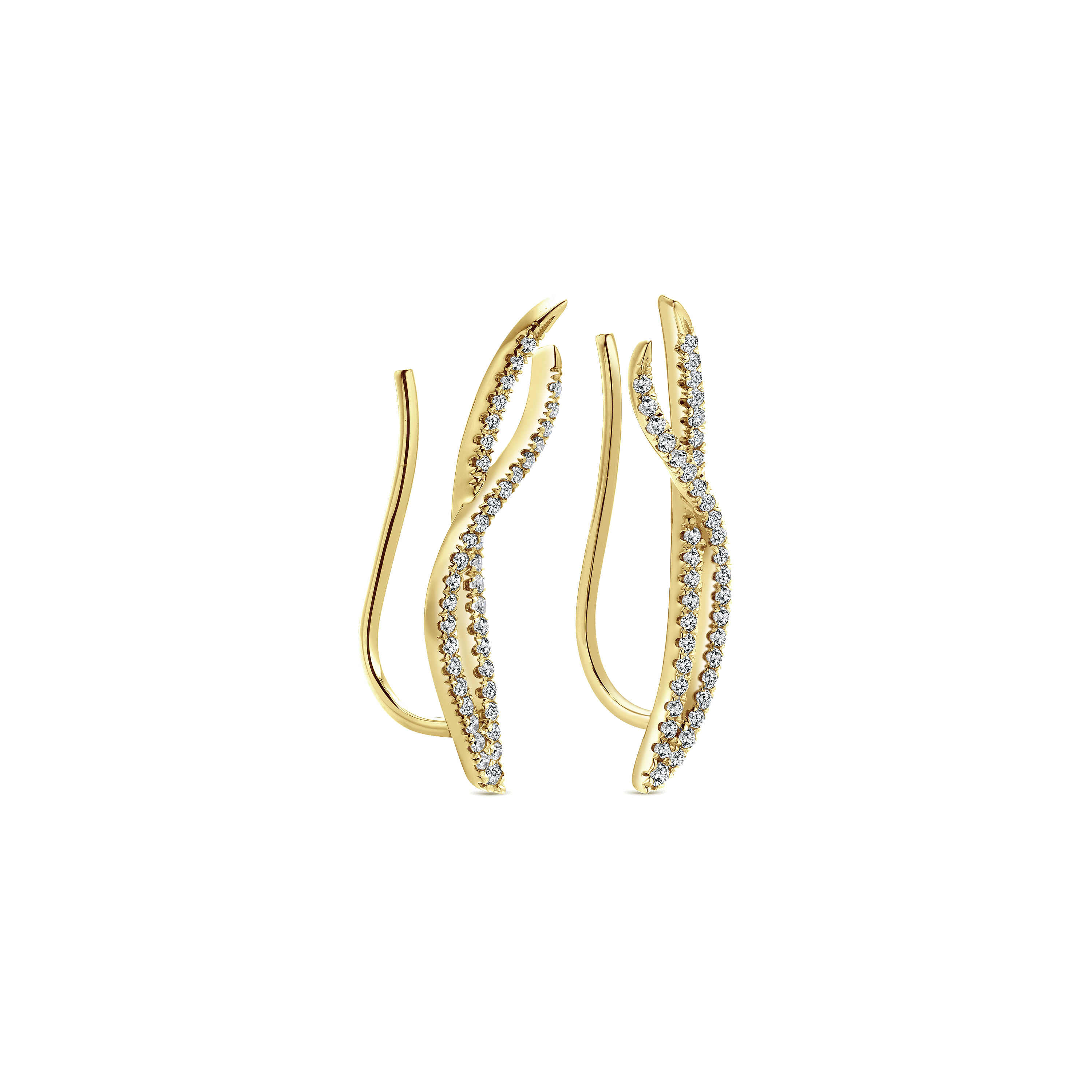 14K Yellow Gold Twisted Diamond Ribbon Ear Climber Earrings