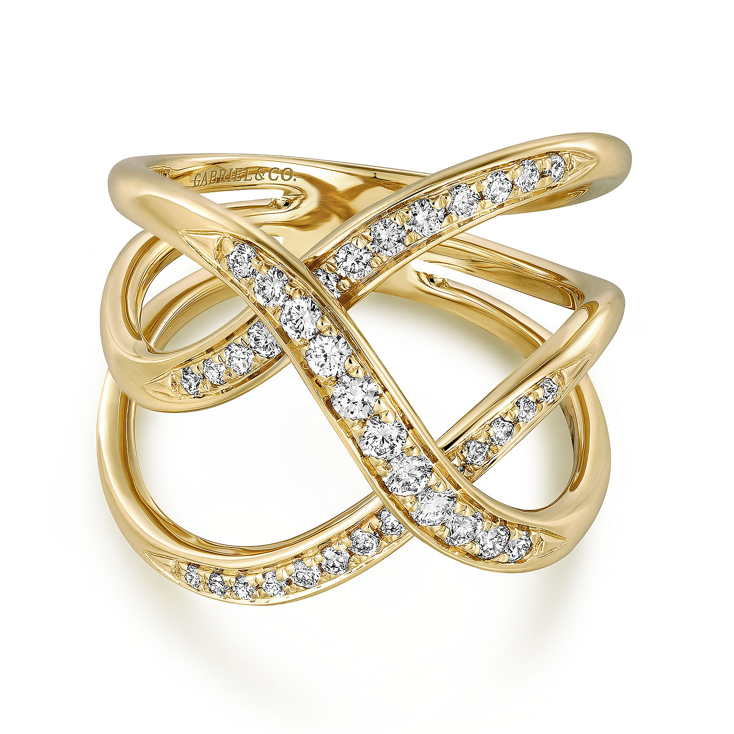 18K White-Yellow Gold Braided Metal and Diamond Wide Ring