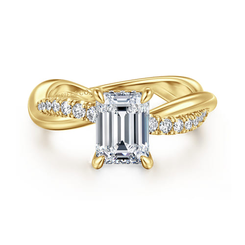 14K Yellow Gold Twisted Emerald Cut Diamond Engagement Ring