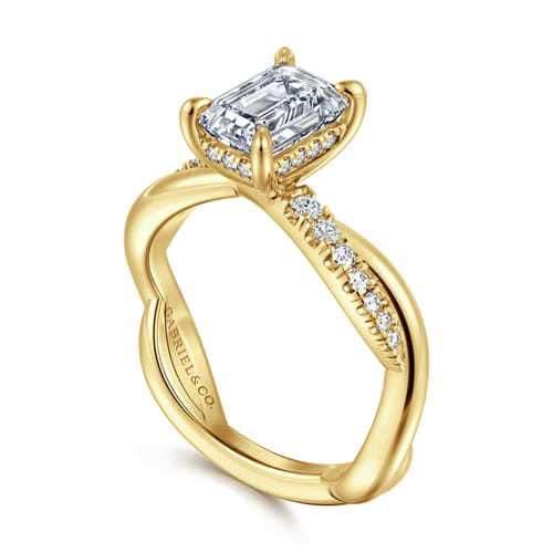 14K Yellow Gold Twisted Emerald Cut Diamond Engagement Ring