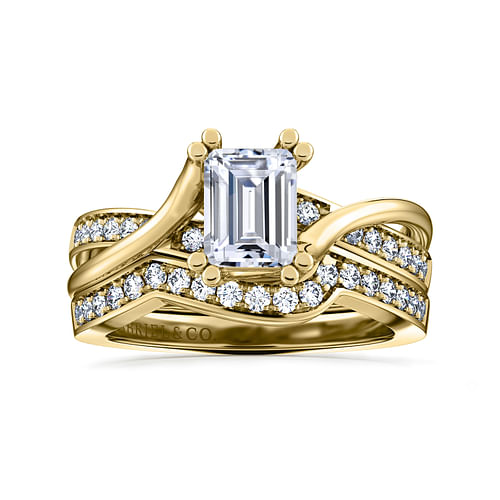 14K Yellow Gold Twisted Emerald Cut Diamond Engagement Ring