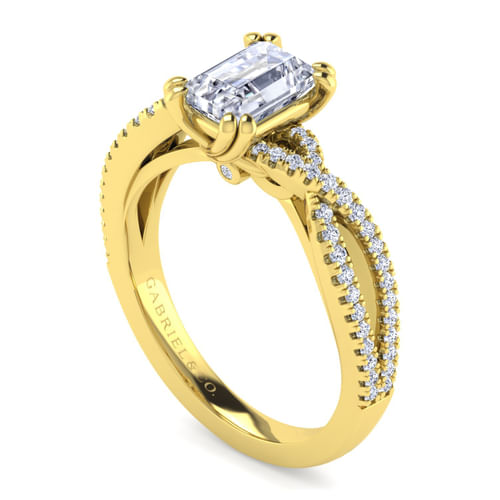 14K Yellow Gold Twisted Emerald Cut Diamond Engagement Ring
