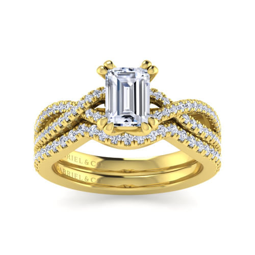 14K Yellow Gold Twisted Emerald Cut Diamond Engagement Ring