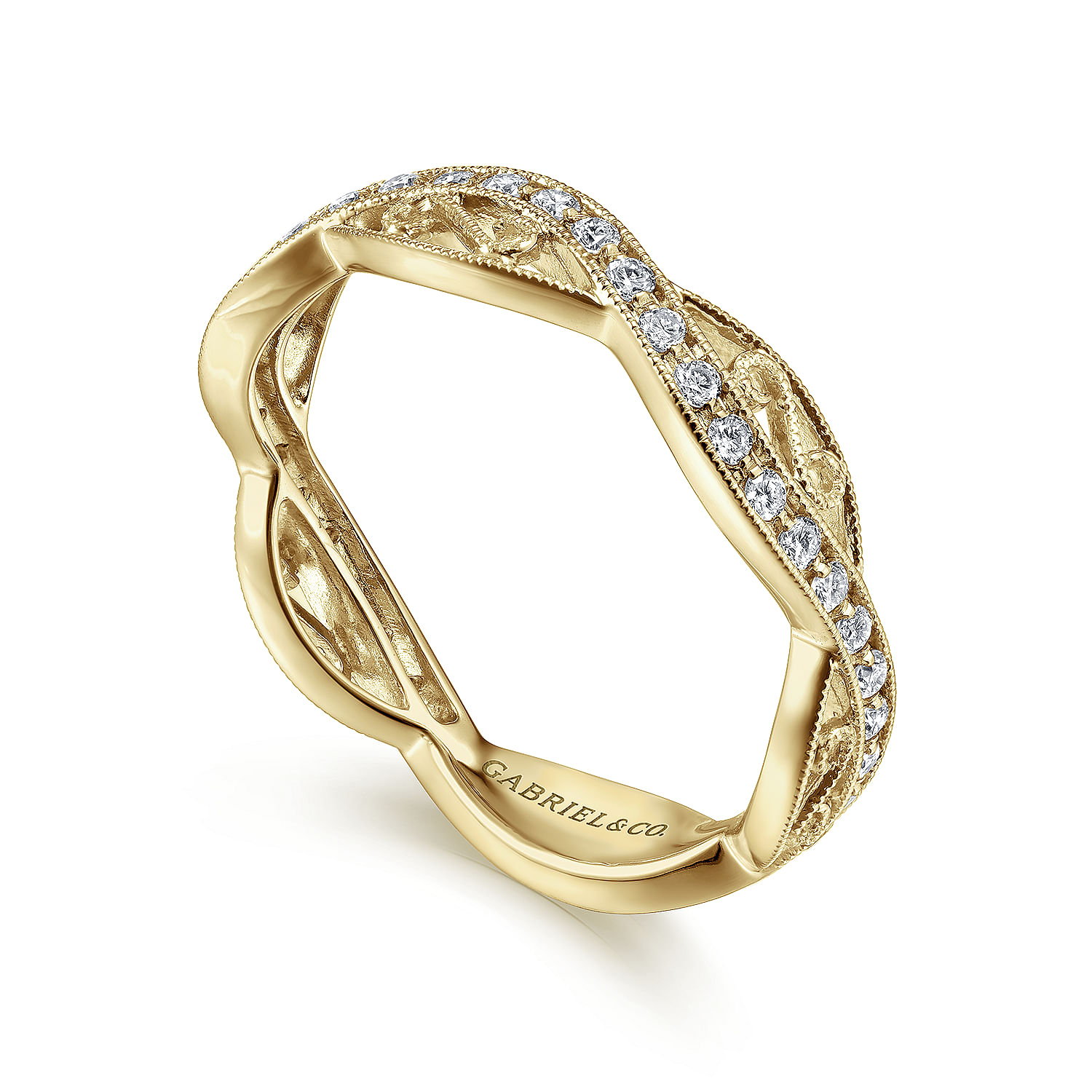 14K Yellow Gold Twisted Filigree Diamond Stackable Ring