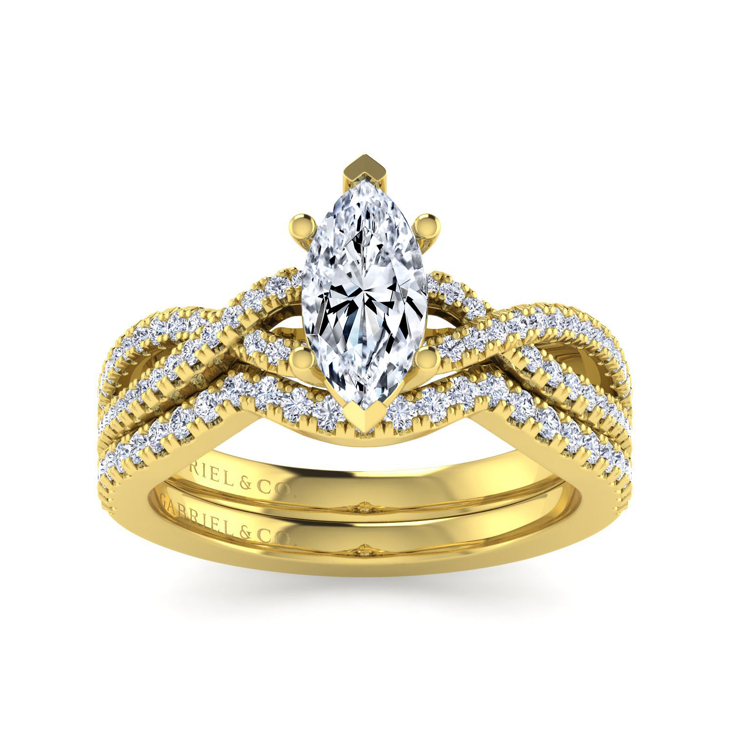 14K Yellow Gold Twisted Marquise Shape Diamond Engagement Ring