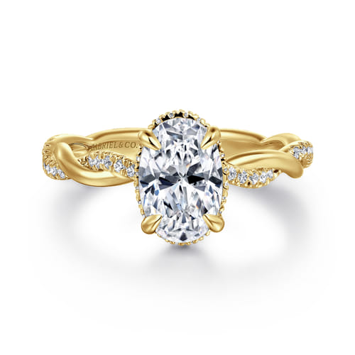 14K Yellow Gold Twisted Oval Halo Diamond Engagement Ring