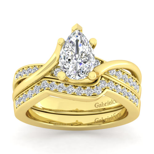 14K Yellow Gold Twisted Pear Shape Diamond Engagement Ring