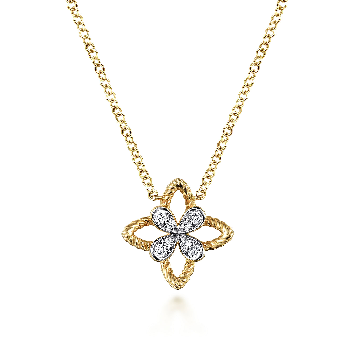 Gabriel - 14K Yellow Gold Twisted Rope Clover Pendant Necklace with Diamond Petals