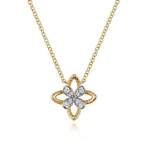 14K Yellow Gold Twisted Rope Clover Pendant Necklace with Diamond Petals