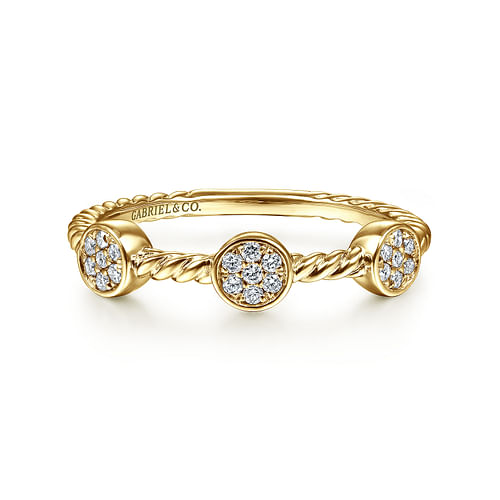 14K Yellow Gold Twisted Rope Cluster Diamond Station Stackable Ring