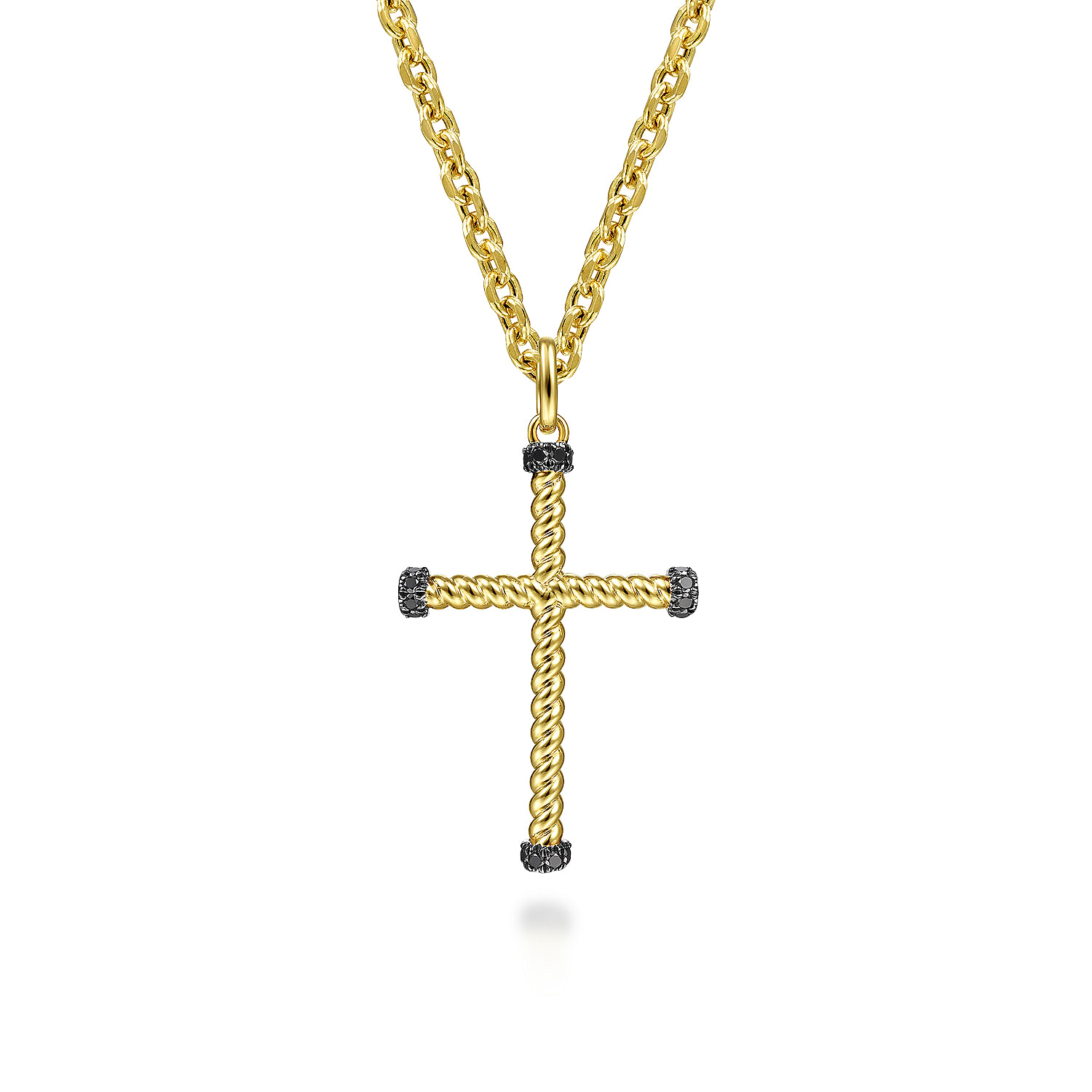 14K Yellow Gold Twisted Rope Cross Pendant with Black Diamonds