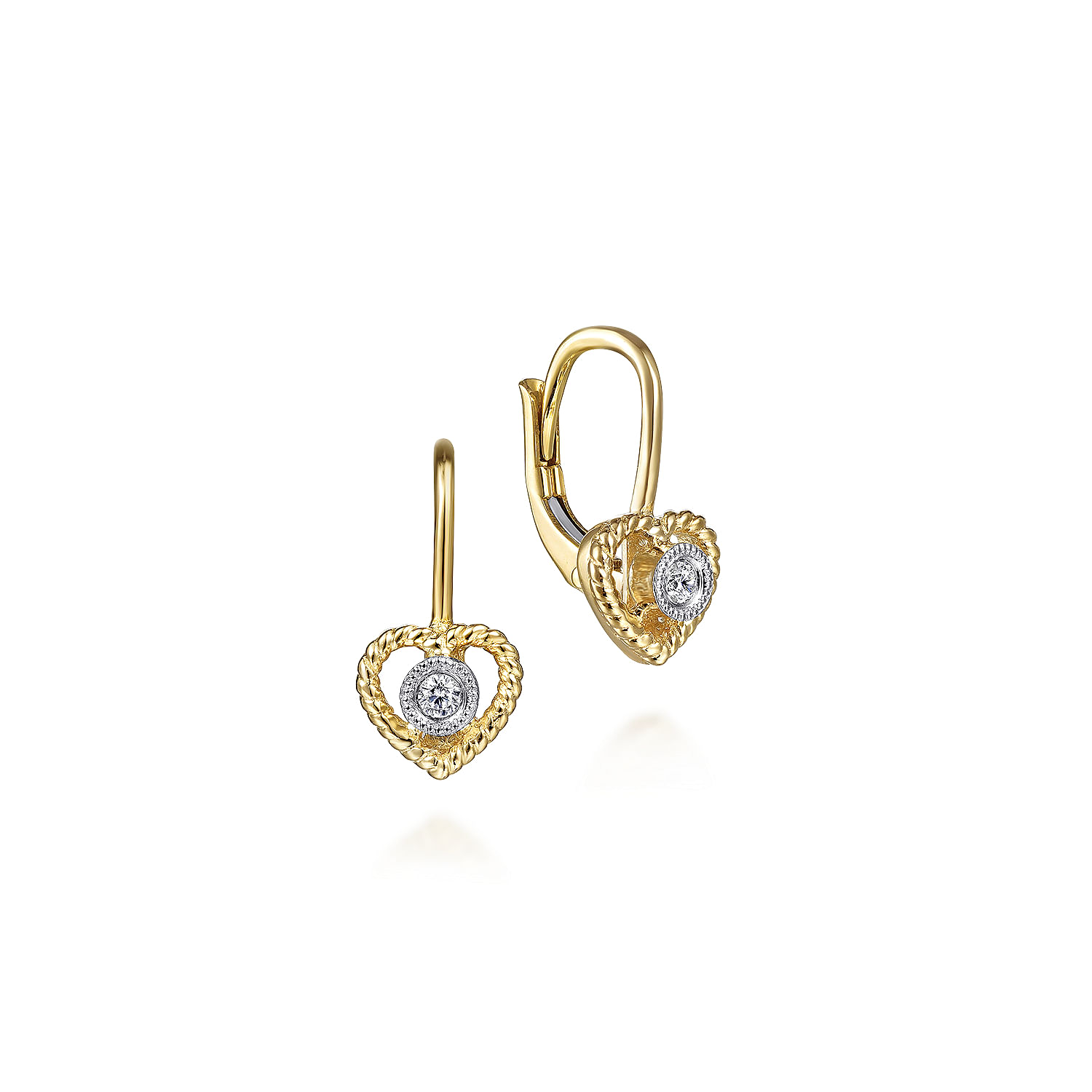 14K Yellow Gold Twisted Rope Heart Diamond Drop Earrings