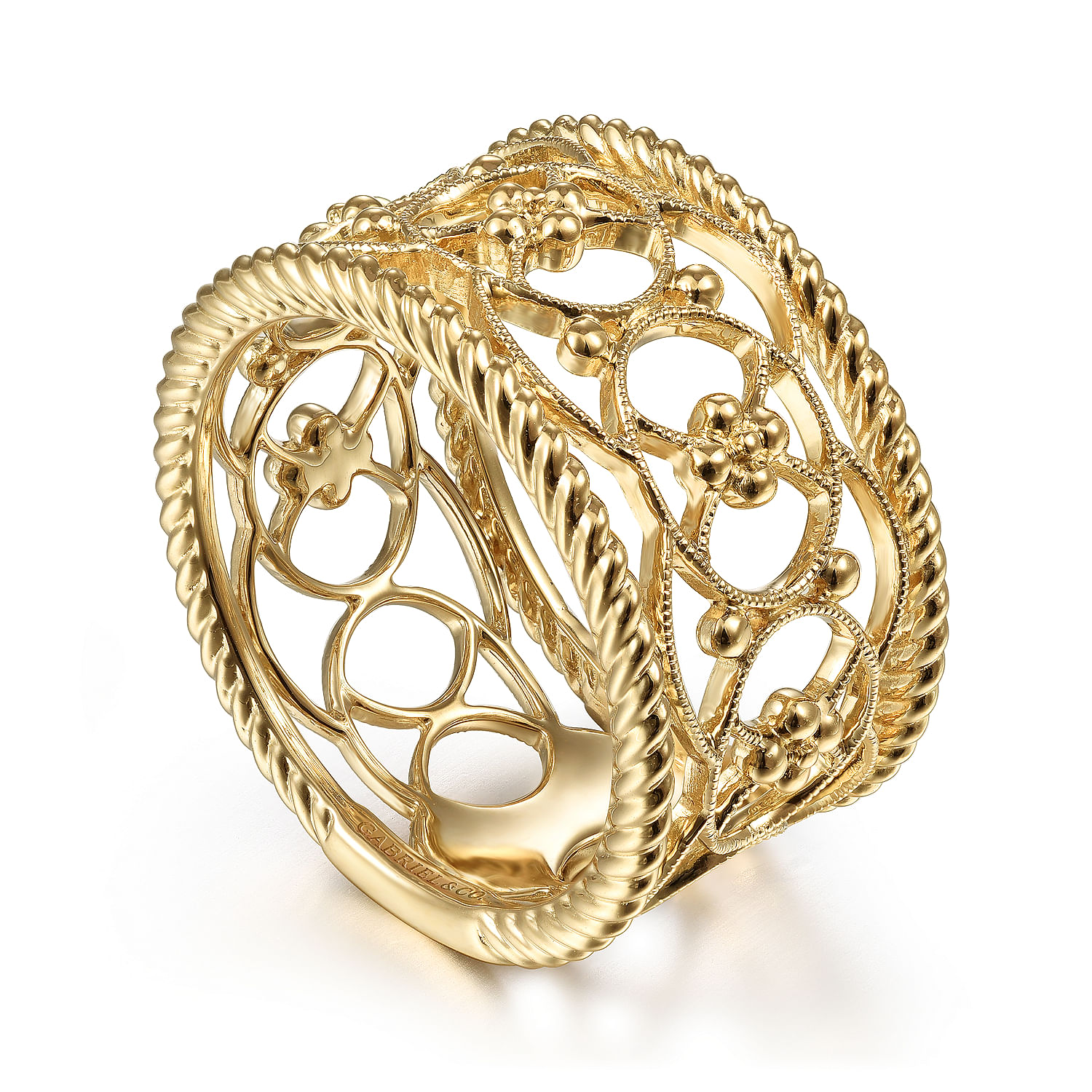 14K Yellow Gold Twisted Rope and Bujukan Bead Wide Band Ring