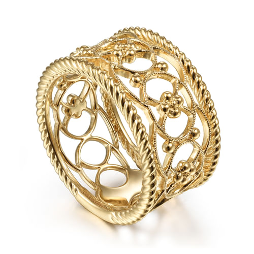 14K Yellow Gold Twisted Rope and Bujukan Bead Wide Band Ring